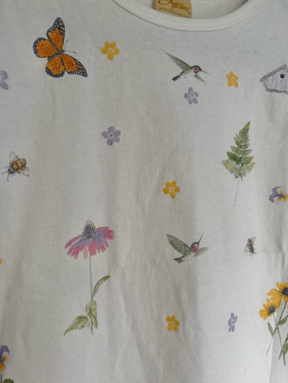 Artisan Vintage White Tee with Yellow & Purple Floral Butterfly Hummingbird - Picture 2 of 4